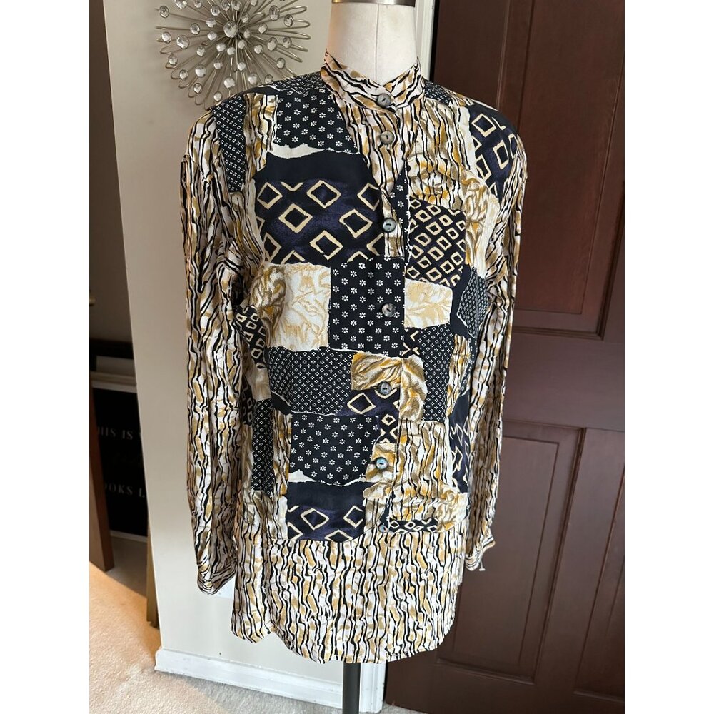 NWT Vintage GALINDA silk L/S print blouse and matching vest Small top Med vest